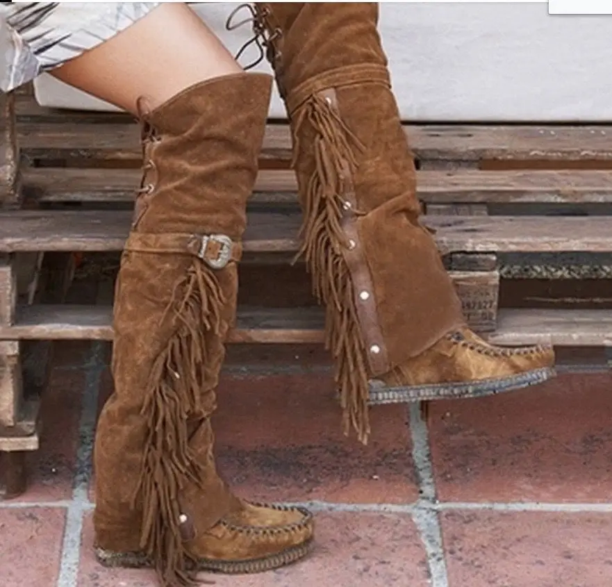 Fashion 2024 Bohemian Boho Over The Knee Boots Ethnic Women Tassel