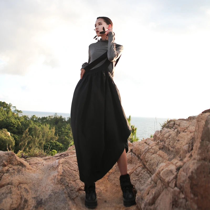 [EAM] высокая эластичная талия, черная Асимметричная юбка на бретелях, женская мода, новинка, весна-осень, 1B385