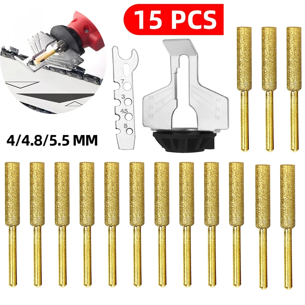 15 Pcs Diamond Coated Cylindrical Burr Set 4/4.8/5.5mm Chainsaw Sharpener Stone File Chain Saw Carving Abrasive Grinding Tools |