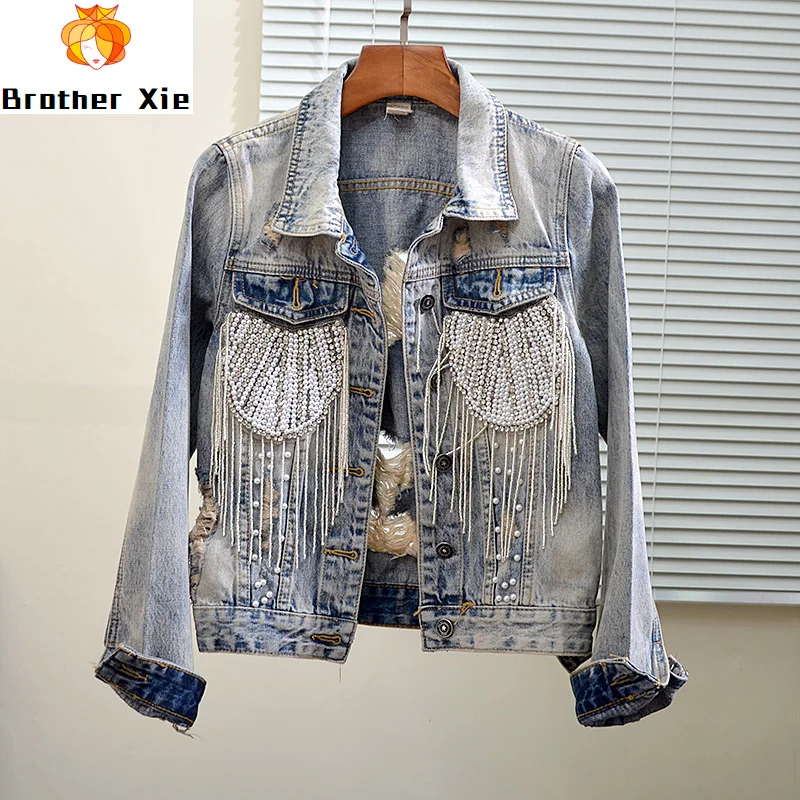 

Jean Jeacket Woman 2020 Spring Autumn Trend New Style Slim Fit European Style Pearl Embroidered Holes Long Sleeve Jeans Coat