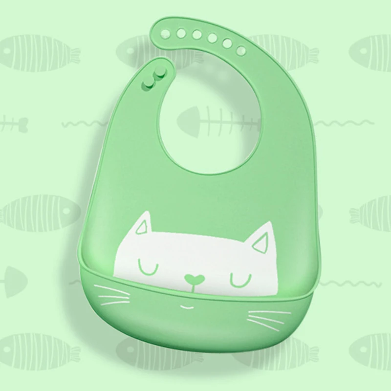 Green Cat Детские слюнявчики, водонепроницаемые Силиконовые Слюнявчики для кормления, полотенца для новорожденных, фартуки с рисунком, детские слюнявчики, регулируемые Слюнявчики - Цвет: Green Cat