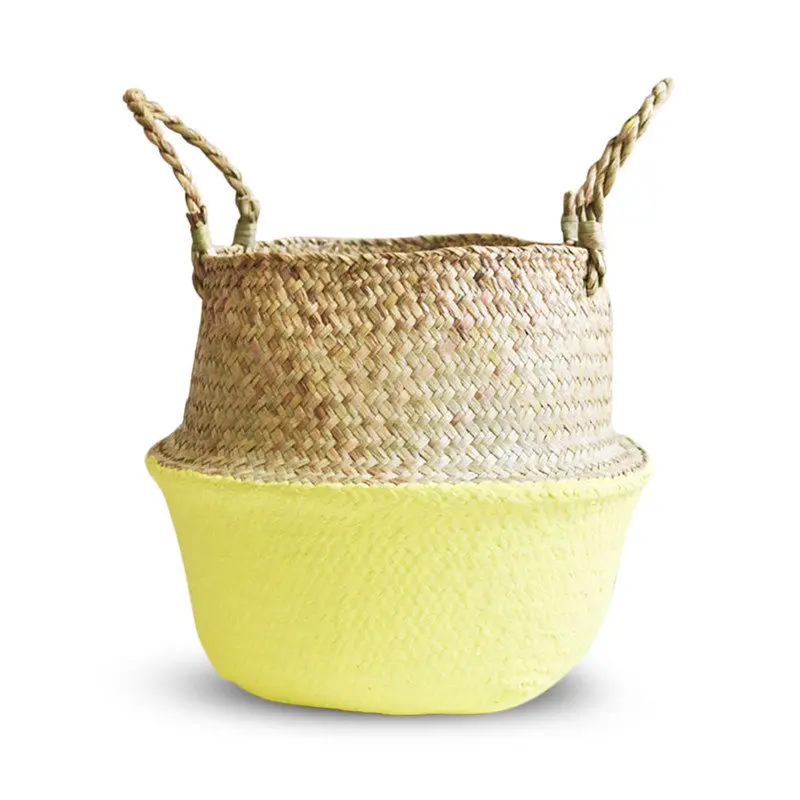 yellow Плетеные корзины для хранения красочные складные соломы из ротанга водоросли живота сад цветочный горшок корзина для белья игрушки держатель 1 шт - Цвет: yellow