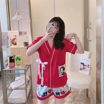 

Pajamas women's summer rayon kimono thin two-piece short-sleeved ladies' home wear casual hot new pijamas women
