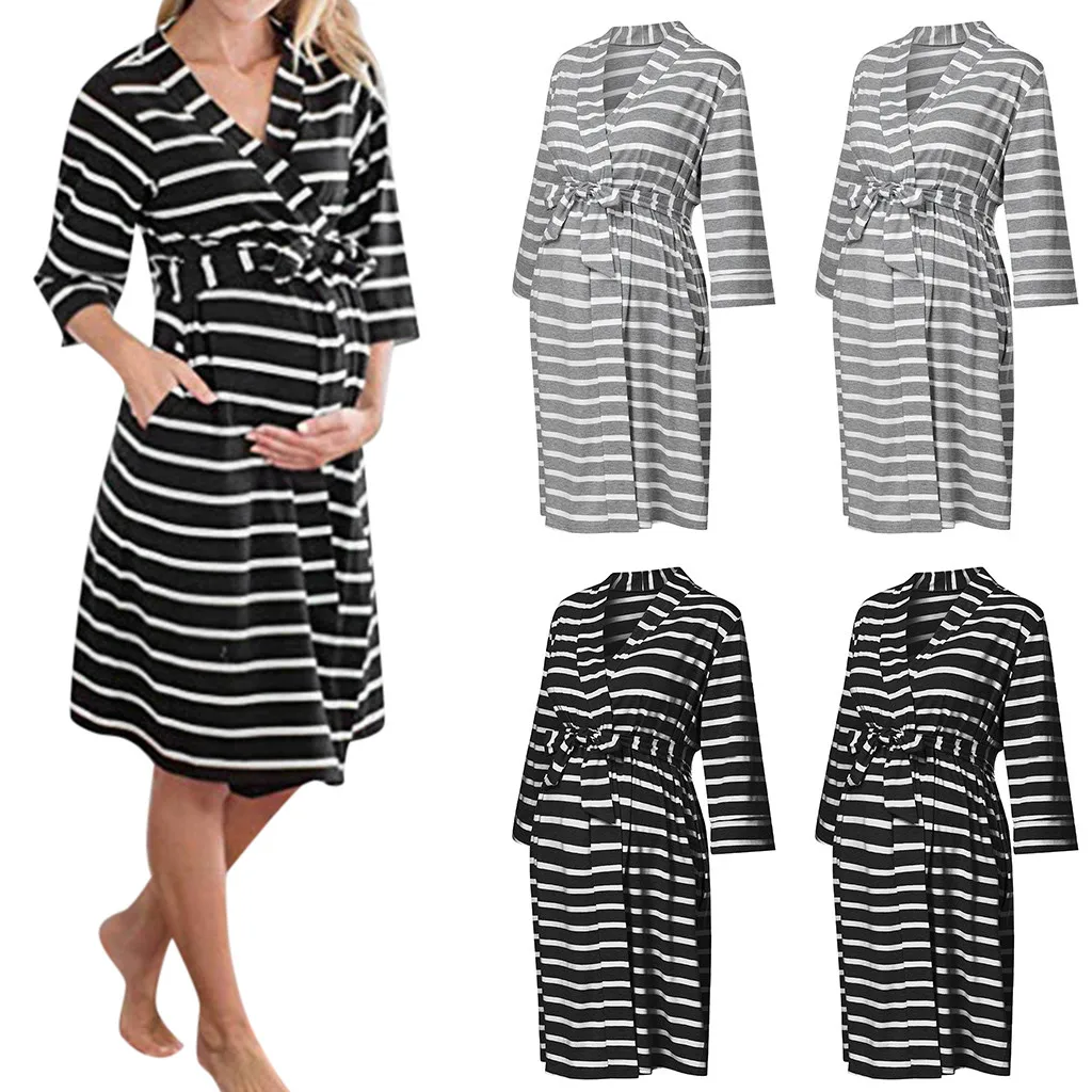 

Women Maternity 3/4 Sleeve Stripe Bandage Nursing Nightdress Breastfeeding Dress