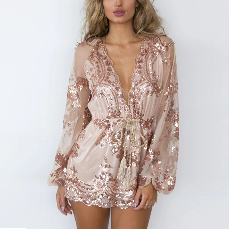 

Sexy V-Neck Sequins Bodysuit Women 2020 Fashion Loose Mesh Yarn Jumpsuit Female Long-Sleeved High Waist Ribbon Flowers Playsuit