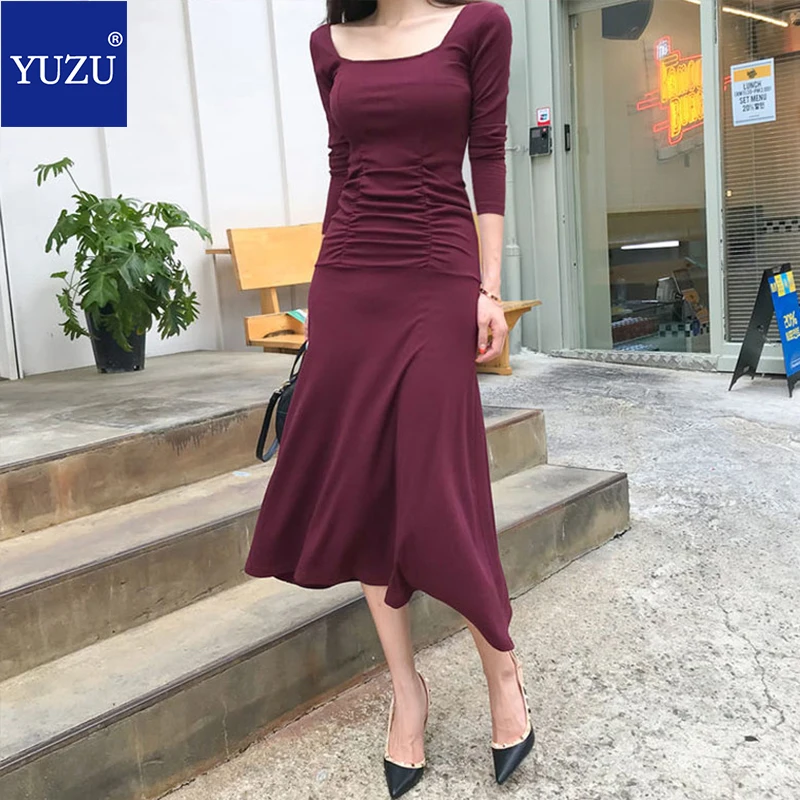 

Burgundy Long Dress Sexy Ladies Square Collar Draped Ballet Bridmaid Dress Elegant Office Summer Clothes For Women Party Night