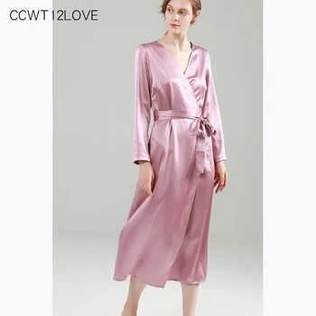 

Sexy Pink Long Satin Dress Women Autumn Winter Lace Up Midi Long Sleeve Dresses 2019 Loose V Neck A Line Dress Elegant