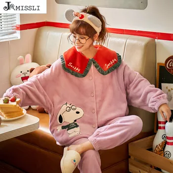 

JRMISSLI Cartoon Pyjamas Women Cute Sleepwear Pijamas Autumn Winter Flannel Fleece Warm Pajama Set Home Wear For Women Nightwear