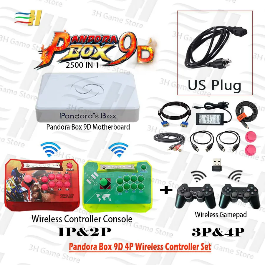 4P red green wux US Pandora box 9d 4P беспроводной контроллер Набор беспроводной аркадный джойстик консоль и геймпад 2500 В 1 поддержка 1P 2P 3P 4P игры 3D tekken - Цвет: 4P red green wux US
