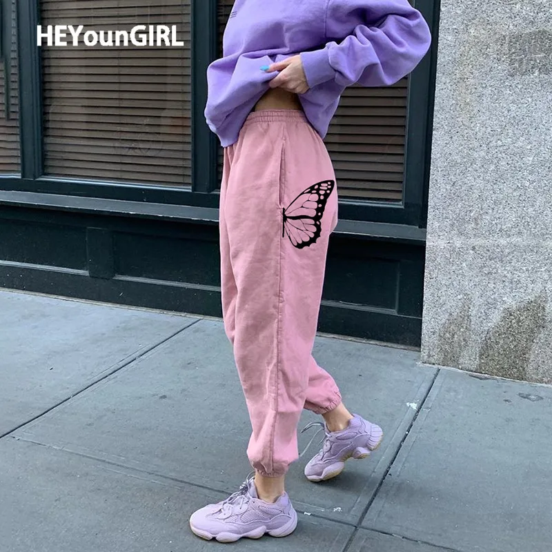 HEYounGIRL Pink Butterfly Print Casual Sweatpants Women Pockets Loose Harem Pants Capris Fashion High Waist Long Trousers Summer HEYounGIRL Pink Butterfly Print Casual Sweatpants Women Pockets Loose Harem Pants Capris Fashion High Waist Long Trousers Summer