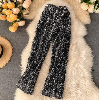 

INS Sequined Wide Leg Pants Female Spring Autumn High-Waist Bling Sequin Straight-Cut Floor-Length Pants Dance Pants Female