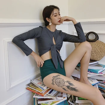 

Women's Two Pieces Swimsuits Solid High Neck Hollow Lace Up Rash Guard Long Sleeves High Waist Cover Belly Sexy Bathing Suits