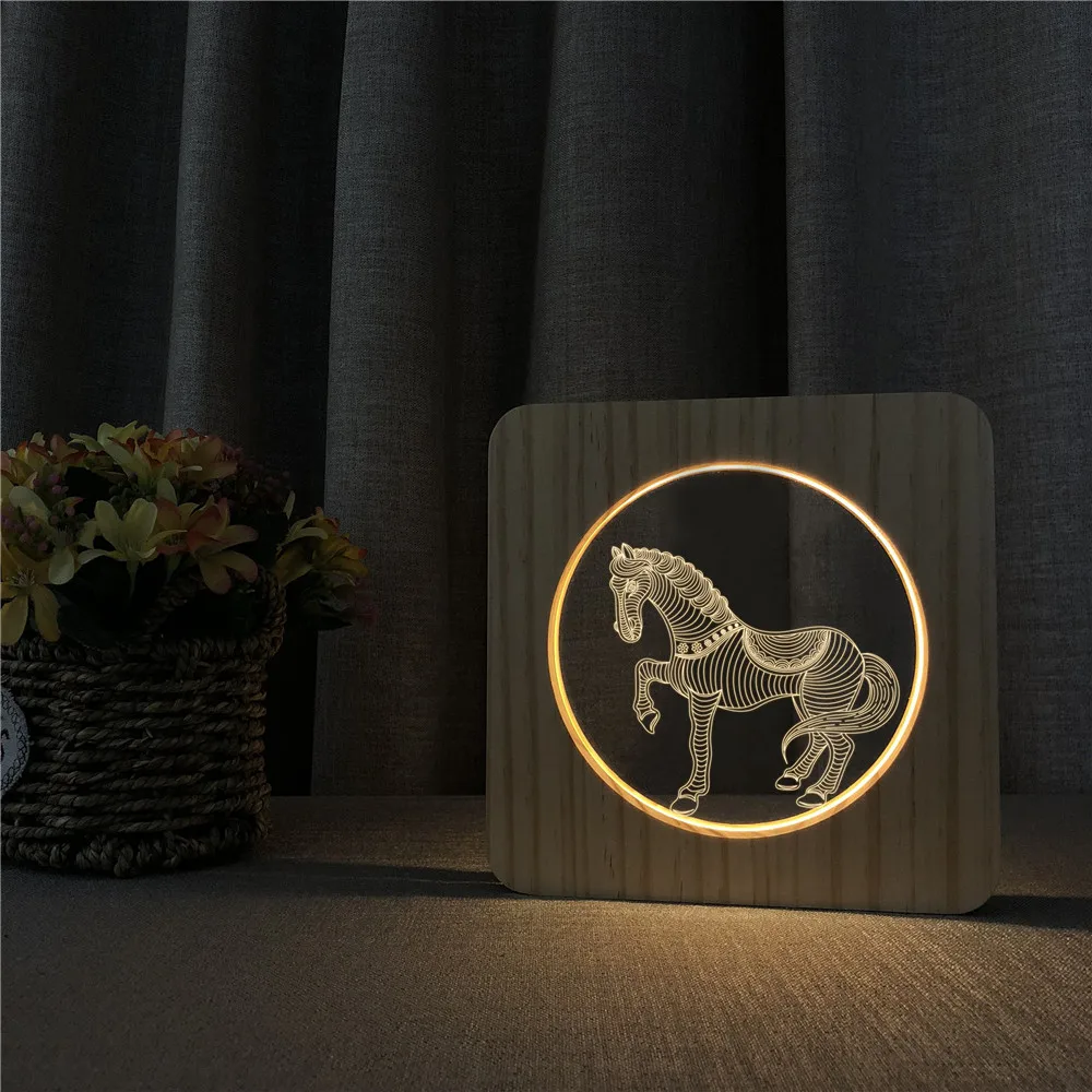 Horse Animal 3D Wooden LED Lamp Table Light Switch Control Carving Lamp for Bedroom Decoration Light