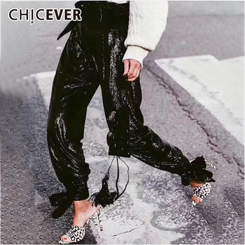 

CHICEVER Heavy Sequin Patchwork Pants Female High Waist Bottom Bandages Trousers For Women Autumn Fashion 2020 Streetwear New