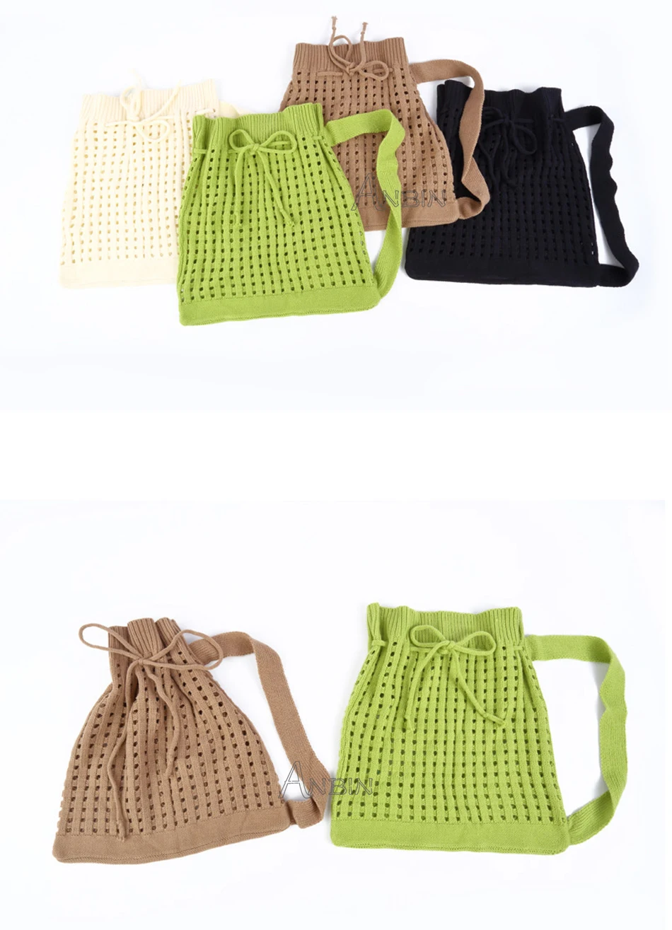 Women's Shoulder Bag Korean Fashion Wool Knitted Woolen Drawstring Mouth Shopping Hollow Out Bucket Bags Casual Female Handbag