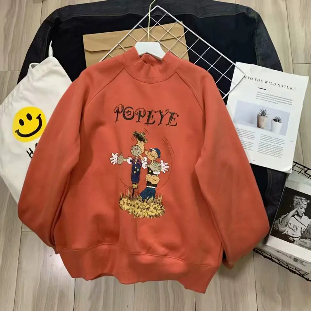 Оранжевый winter hoodie fleeced pullover coat women turtleneck thick sweatshirt funny cartoon print hoodies teenager - Цвет: Оранжевый