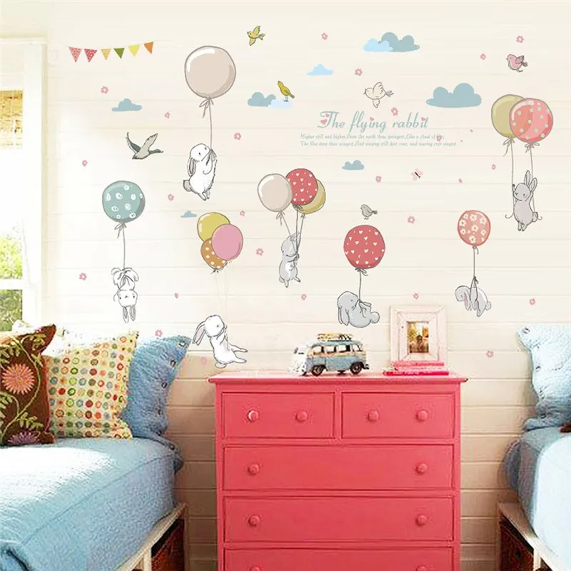 Милый мультфильм кролик воздушный шар наклейки на стену DIY детская спальня, детская комната украшение для классной комнаты обои наклейка