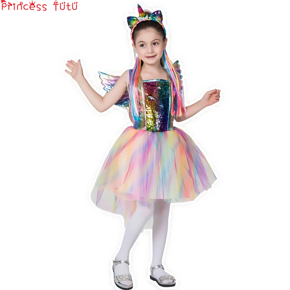 Fancy Birthday Children Girl Sequined Unicorn Party Dress Halloween Makeup Costumes Cosplay Princess with Wings Headband | Детская