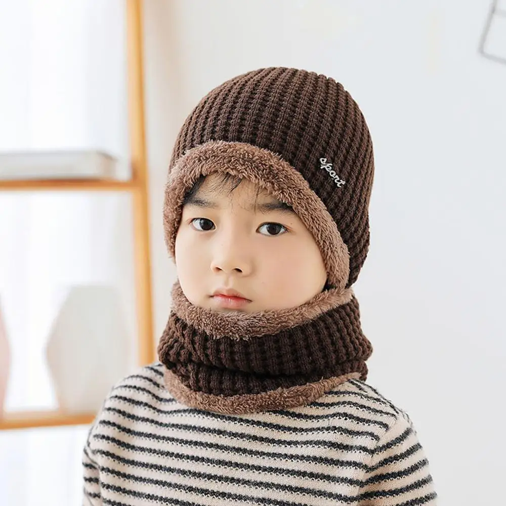 Hat Baby Fleece Contrast Colors Knitted Warm Winter Hats For Kid Hat+Scarf Two Piece Set newborn photography props шапка детская