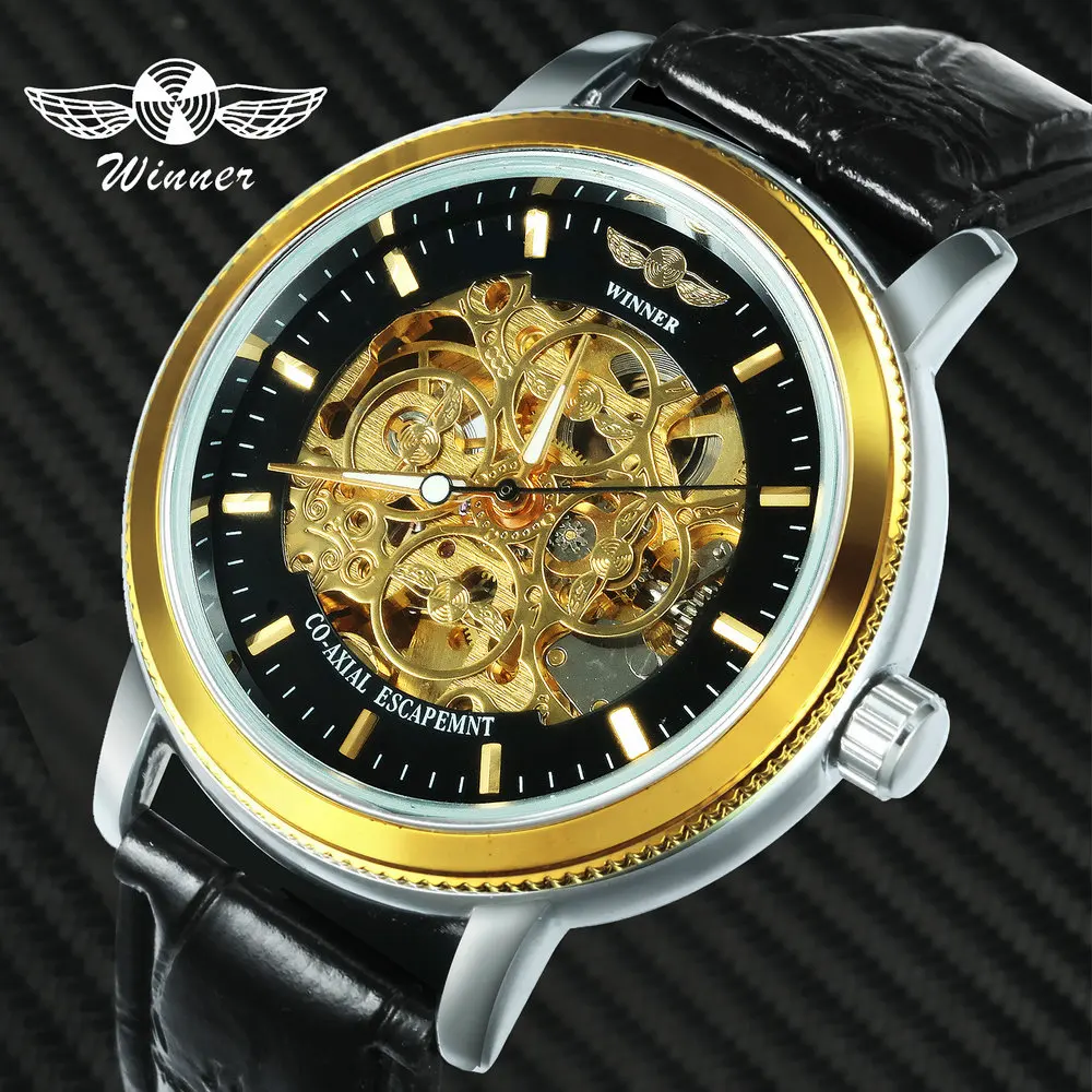 Победитель Топ бренд роскошное платье мужские механические часы кожаный ремешок