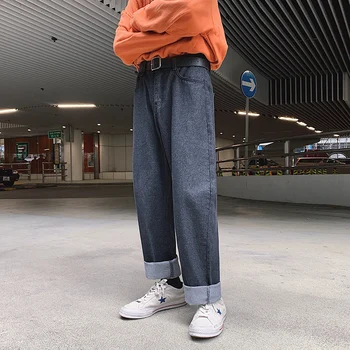 

2019 Autumn And Winter New Hong Style Loose Japanese Ins Wide Leg Pants Denim Straight Solid Color Trousers Blue / Black M-2XL