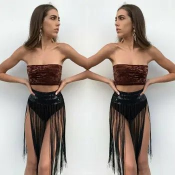 

2019 Hot Fashion Women's Solid Fringe Sequins Belly Dance Long Skirt Dancer Tassel Skirt ClubWear