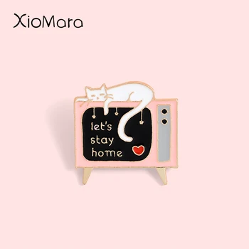 

Old-school TV Enamel Pins Stay home with my Lazy cat Animal Jewelry Custom Brooches Lapel Pin Badge For Friends Gifts