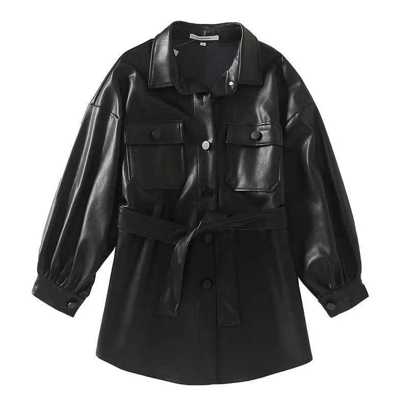 WT776 Европейская Женская мода двойные карманы с поясом свободный дизайн pu кожаная куртка осень зима пальто - Цвет: Черный