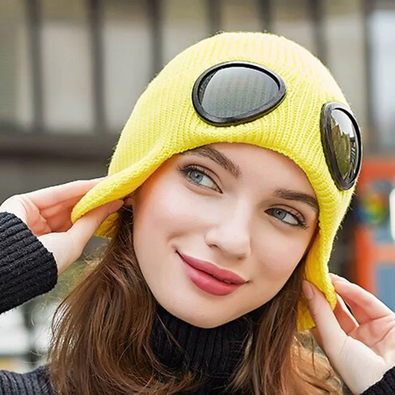 RUHAO двойная утолщенная зимняя вязаная шапка теплая шапочки Skullies Лыжная шерстяная шапка и очки для мужчин и женщин - Цвет: 6