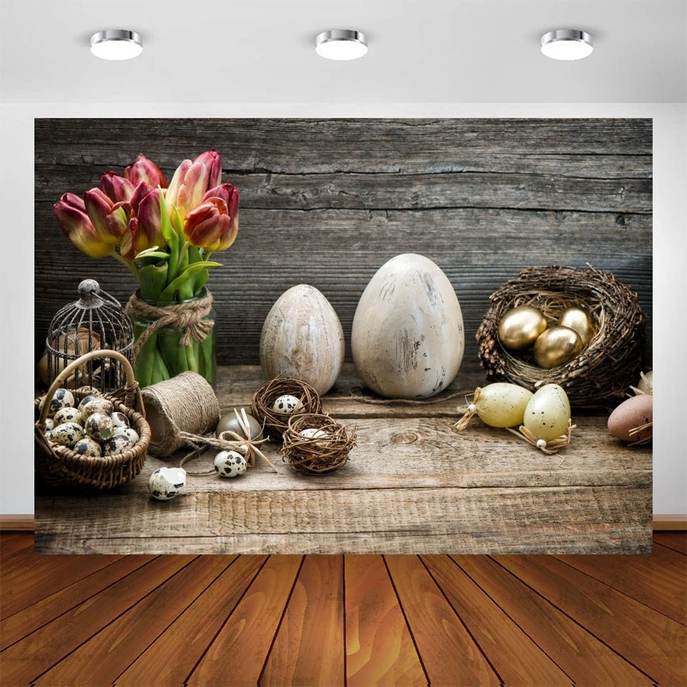 

Happy Easter Eges And Flower Photography Backdrop Wood Board For Photo Studio Background Backdrops Newbron Baby Photocall Props