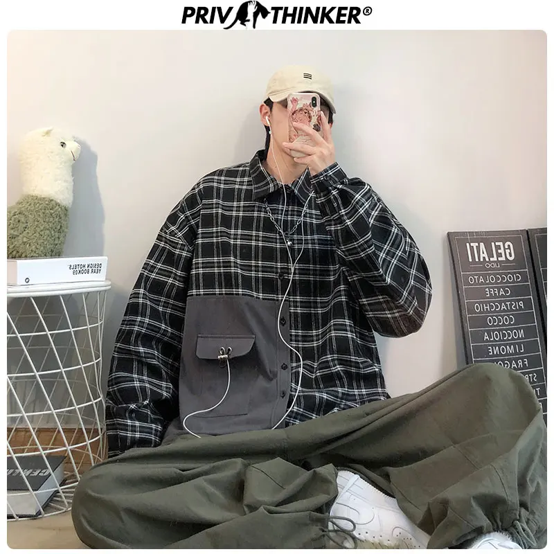 Мужская рубашка Privathinker повседневная клетчатая в стиле хип хоп с длинным рукавом