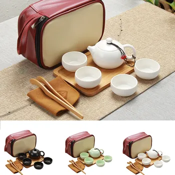 

Portable Ceramic Teacup Set Vintage Kungfu Tea Mug Pot Tray with Storage Bag for Travel TN99