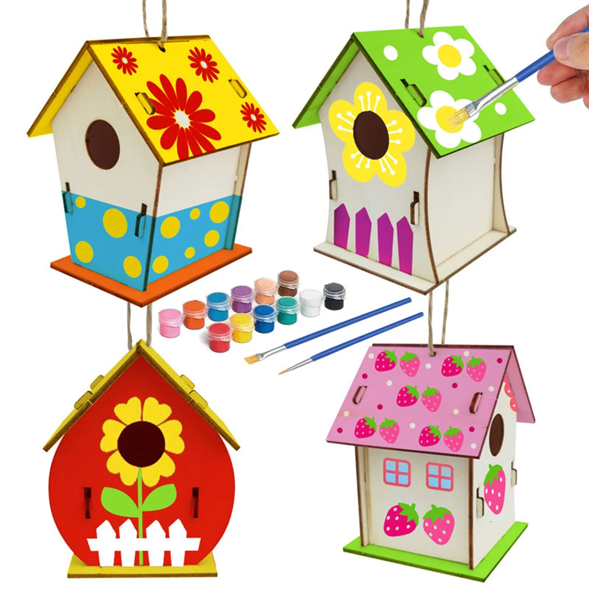 

Faroot DIY Birds House Kits Hand Painted Wooden Arts Hanging Home Decoration with Pigments