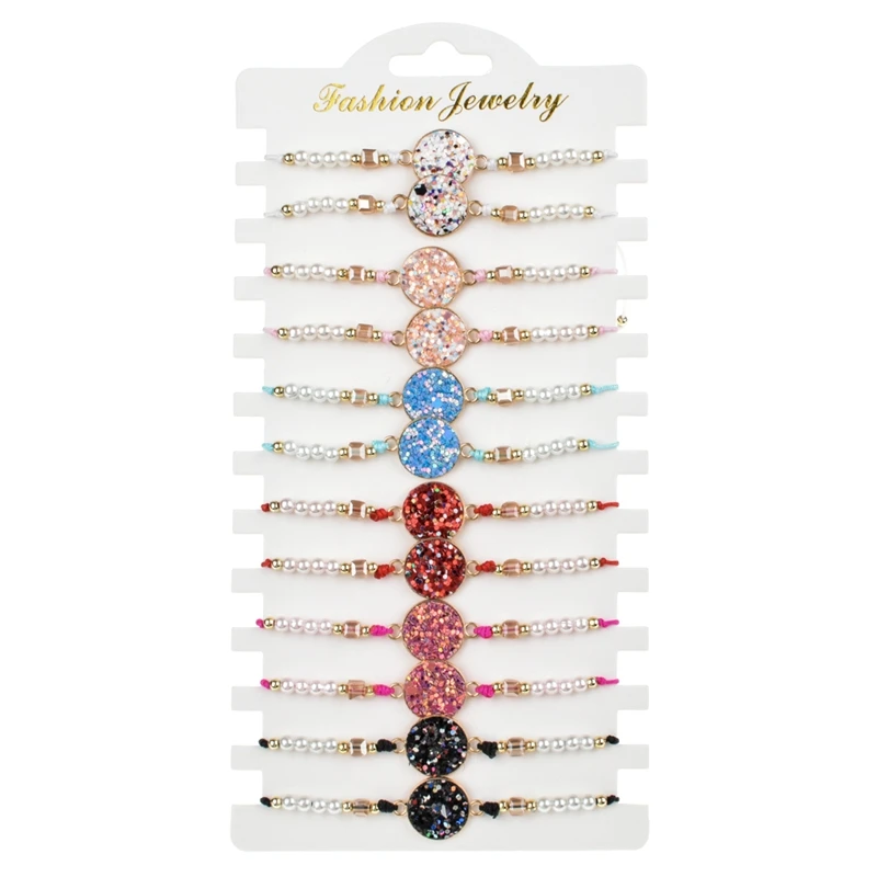 12 шт./компл. блестки круглое очарование браслеты Женщины Девушка плетеная Регулируемая цепочка жемчужные бисерные браслеты браслет ювелирные изделия в стиле "Бохо"