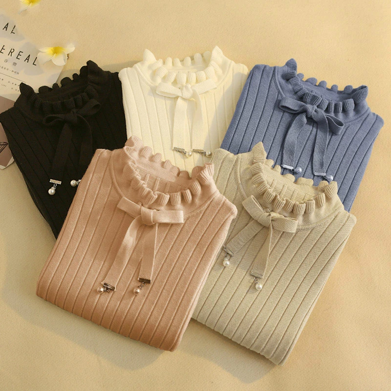 Casual Spring Slim Sweater Winter Knitted Sweater New Lace Up Flare Long Sleeve Ruffle Knitting Pullover Women Sweaters