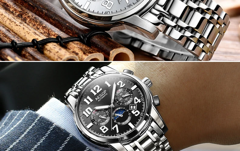 AESOP 9015 Automatic Mechanical Watches Watch for Men Date Month and Week Display Waterproof Male Wrist Watch Men reloj hombre