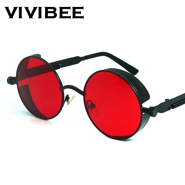VIVIBEE Lunettes de soleil vintage steampunk rouges pour hommes, lunettes rondes punk en alliage métallique rétro, lunettes de soleil pour femmes, lunettes de style gothique 2026 1