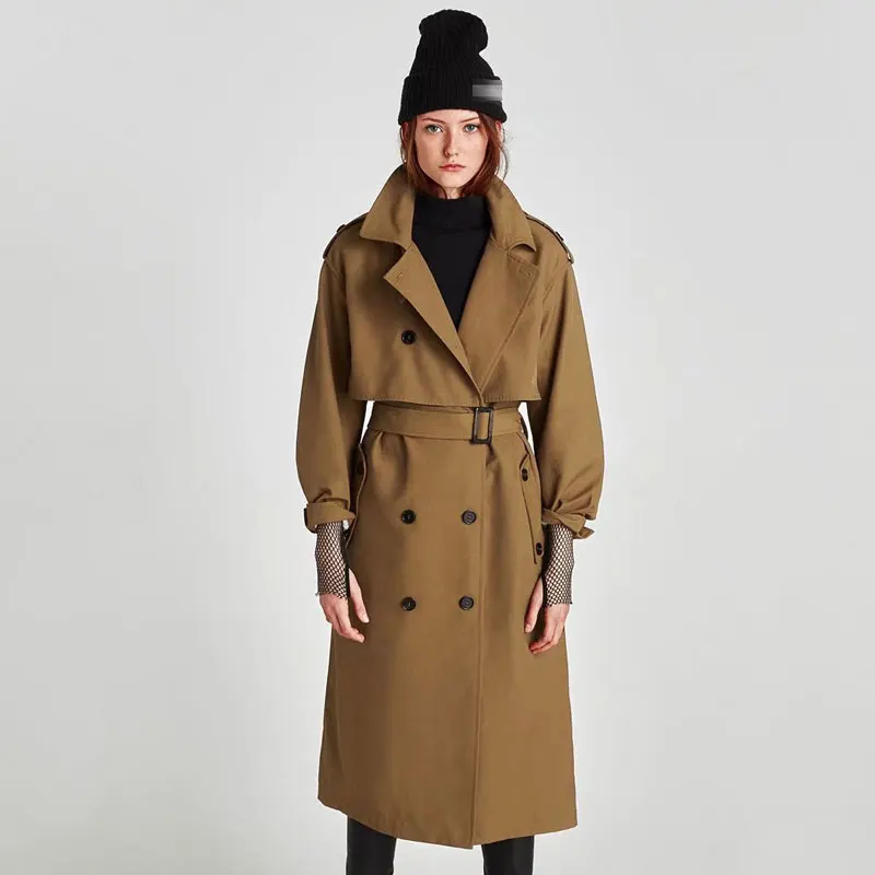 

2019 Spring And Autumn New Tie With Camel Long Trench Coat Double-breasted Ladies Khaki Coat