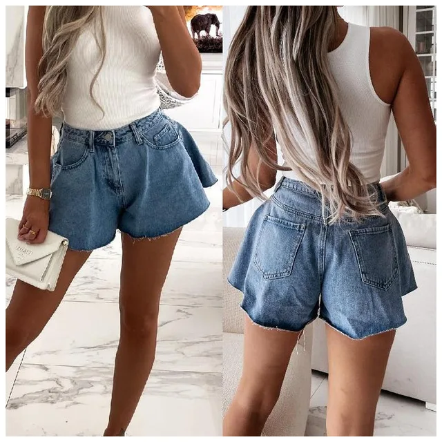 2022 New Women Denim Shorts With Holes And High Waist Loose Tassel Jeans S-XXL Blue
