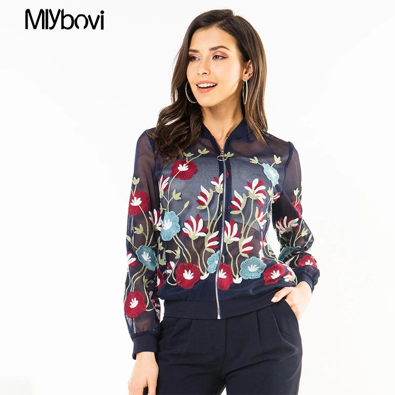 

Mlybovi Vintage embroidery basic jacket coat Autumn 2019 street Lace Black bomber jacket Women reversible baseball jackets