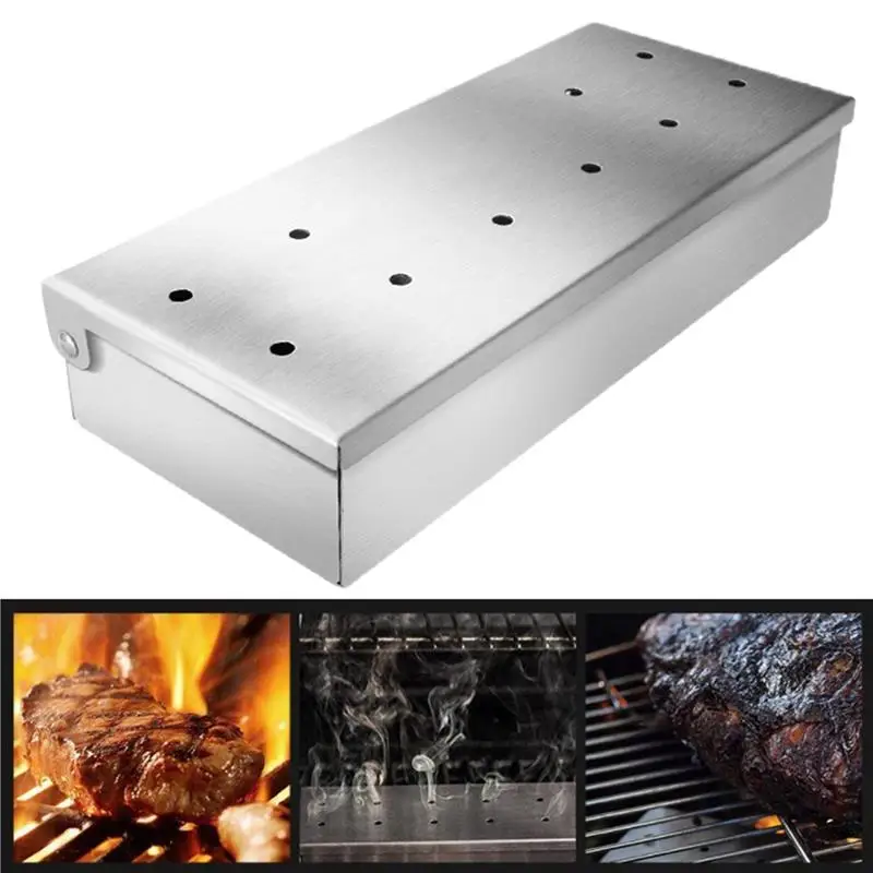 

1pc Heat Resistant Stainless Steel Smoker Box Creative Wood Chip Smoking Box With Hinged Lid BBQ Tools Accessories