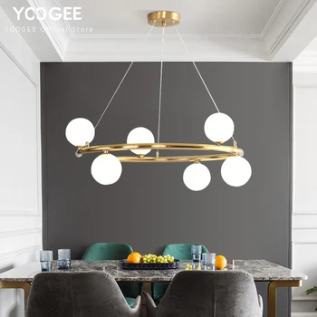 

YOOGEE Gold Ceiling Chandelier for Living room White Glass Round Chandeliers Restaurant Hanging Lamp Home Decor