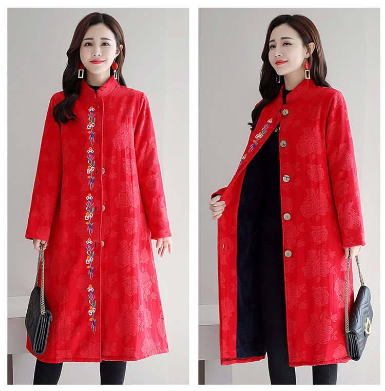 Зима, стиль, большой размер, платье средней длины, этнический стиль, Вышивка лягушка, соединение, длинный рукав, плюс бархатная куртка для женщин