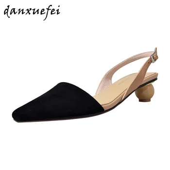 

Women's genuine leather slip-on med heel comfortable sandals pointed toe elegant ladies black slim dress pumps summer shoes sale