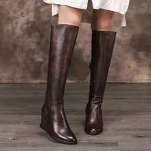 Г., женские высокие сапоги на танкетке из натуральной кожи женские сапоги до колена ручной работы в стиле ретро, сезон осень-зима