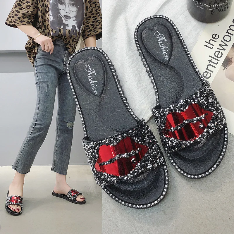 

Casual Flat Heel Breathable Anti-slip Wear-Resistant Line-styled Lipstick Print Sandals Women's Summer Fashion Activity Hot Sale