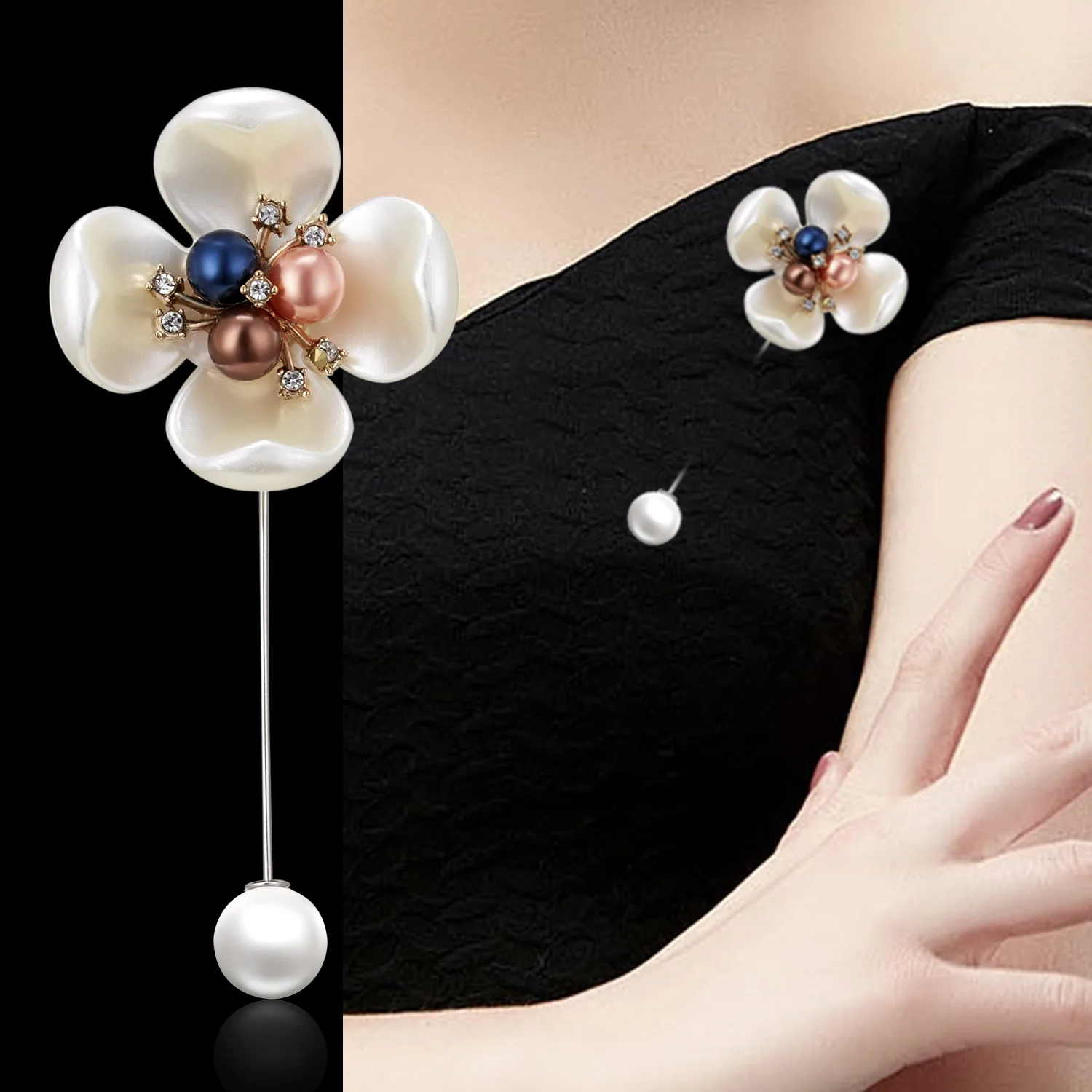 Rinhoo Strass Weiß Nachahmung Perlen Shell Form Kamelie Brosche Kragen Pin Hemd Mode Abzeichen Blume Blütenblatt Hochzeit Corsage – Detail 38