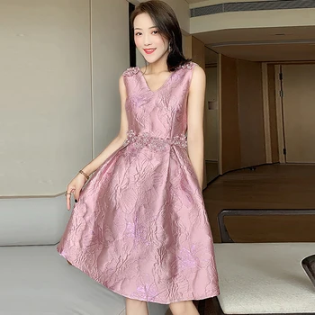 

Gedivoen Fashion Designer Party Summer Dress Women Sleeveless Appliques Vintage Knee Length Dress Elegant Female Dresses