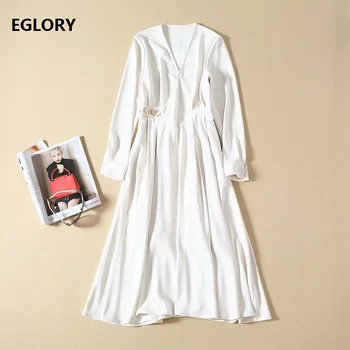 

High Quality Work Dress 2019 Autumn Style Ladies V-Neck Golden Button Long Sleeve Mid-Calf Beige Black Dress Vestidos Robe Femme