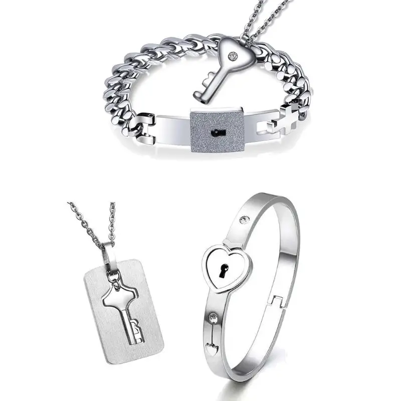 

Titanium Puzzle Couple Heart Lock Key Couple Bracelet Necklace Lover Jewelry Set